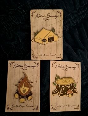 Nature Sauvage - CUTEST Enamel Pin Set - Yellow Tent, Campfire & Tree Stump